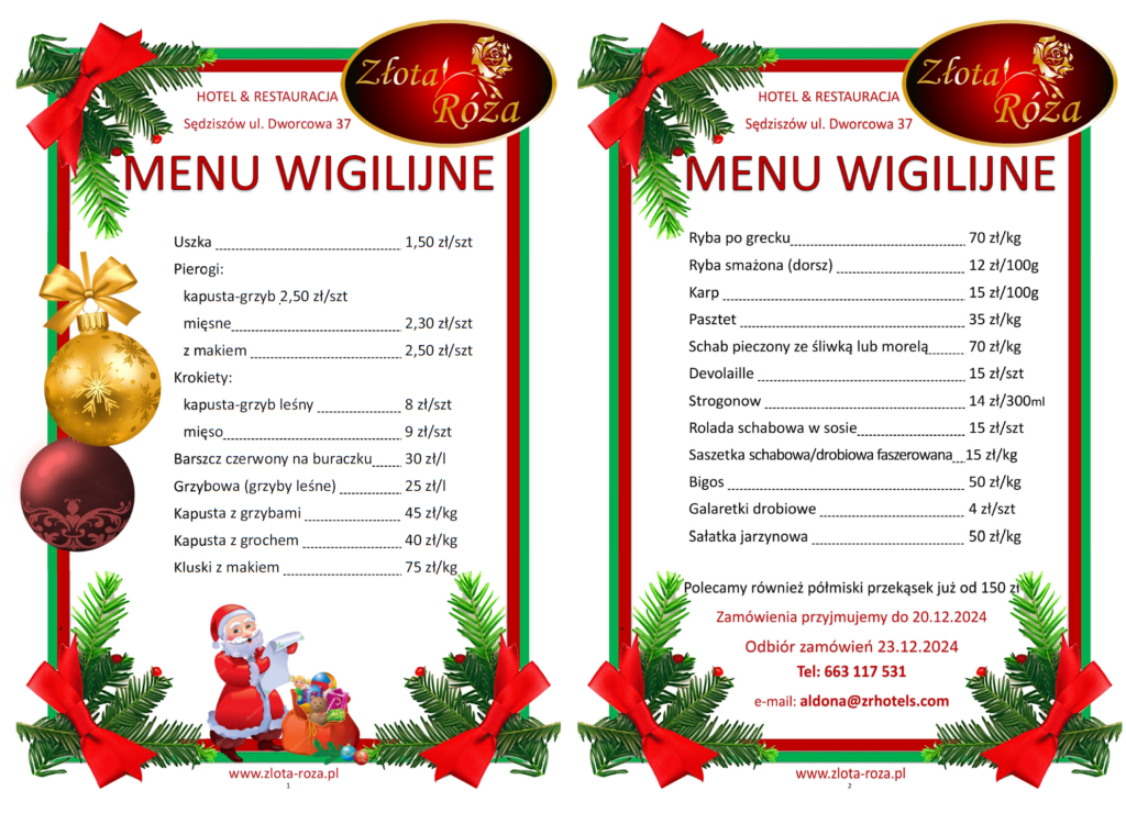 Menu wigilijne 2024- Catering wigilijny 2024 Złota Róża - Sędziszów